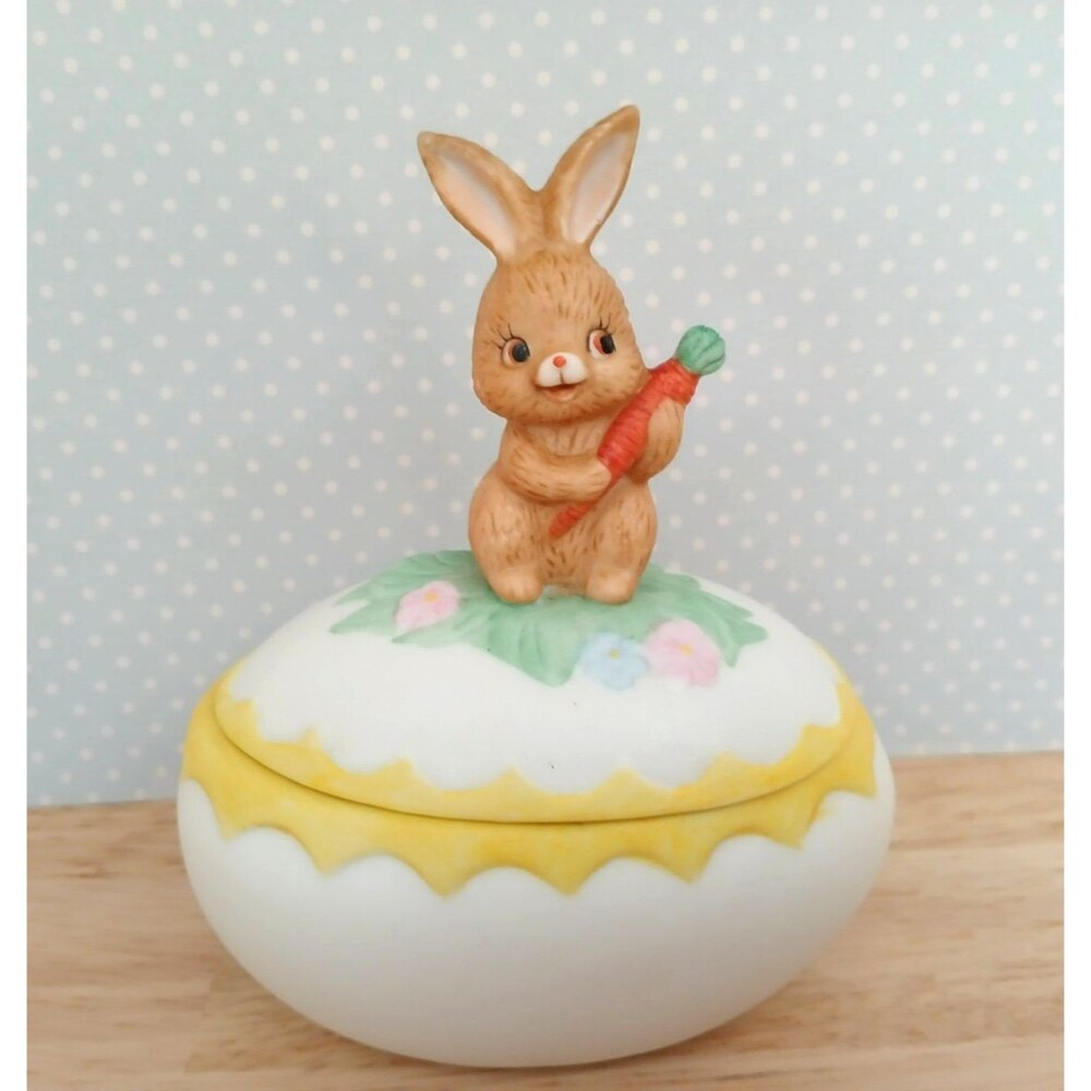 Lefton Vintage Ceramic Easter Bunny & Egg Trinket Jewelry Holder Dish - Picture 3 of 10